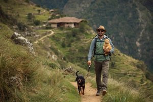A traveler enjoying a luxury pet-friendly private tour in the Sacred Valley of Peru with their dog an cat.