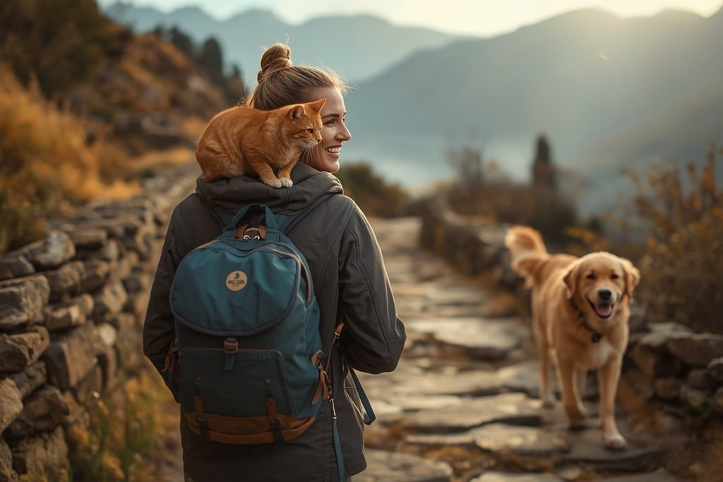 A premium traveler walking along an ancient stone trail in Cusco, Peru with a golden retriever dog and an orange cat with a harness on their shoulders, showcasing Munay Illary's eco-friendly and pet-friendly travel experiences.