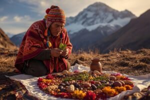 A traditional Andean Paqo performing a sacred Despacho ceremony to honor Pachamama in Ausangate, Cusco.